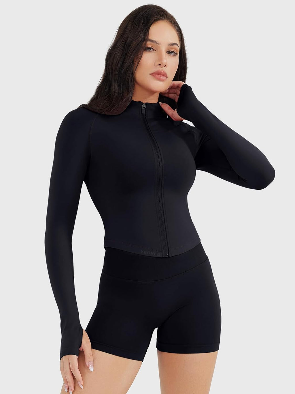 YEOREO SoftHue Women's Athletic Jacket - Cropped Long Sleeve Zip-Up Workout Top with Thumb Holes