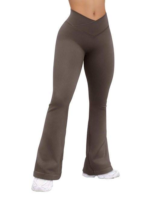 OQQ Women's Flared Pants Ribbed Cross Over High Waist Bell Bottoms Lounge Travel Pants Tea Leaf