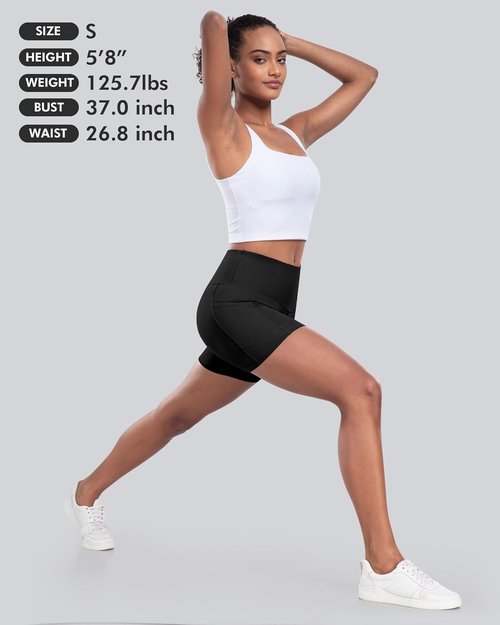 CHRLEISURE Women's High Waisted Biker Yoga Shorts - Tummy Control, 5-Inch Pocketed Spandex Gym Shorts