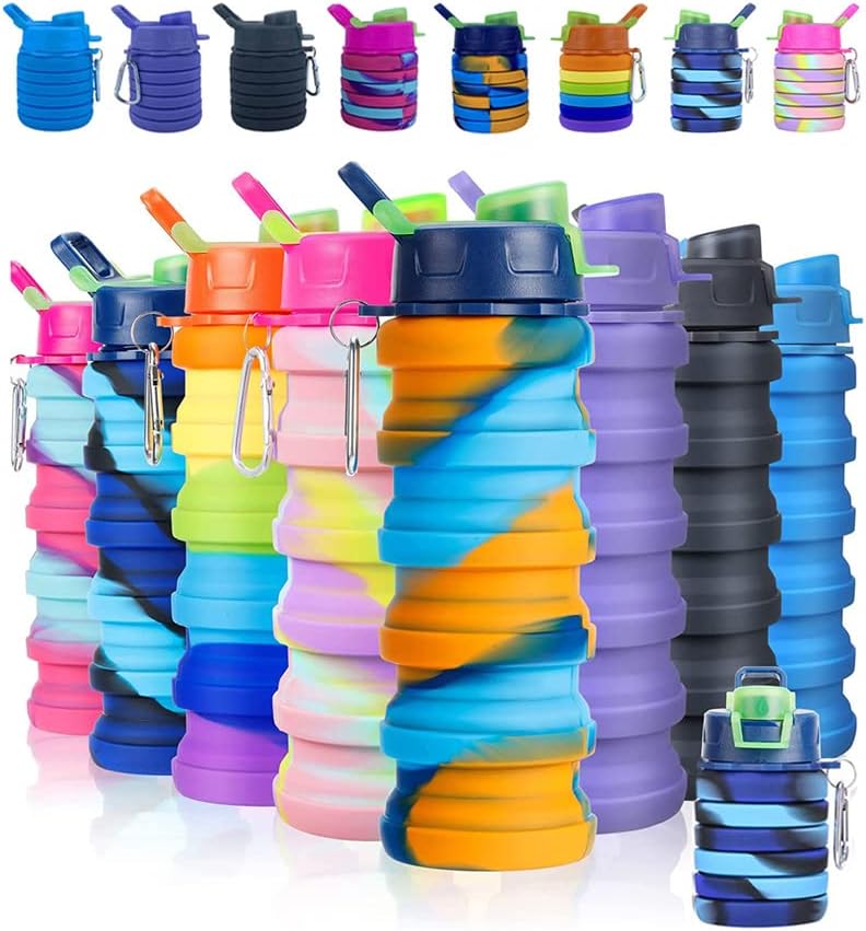 Skiennix Collapsible Water Bottles - 2 Pack Silicone Design with Carabiner | 500ml Portable Sport Bottles (Black & Blue)