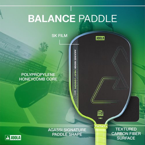 JOOLA Agassi Heat Vision 16mm Pickleball Paddle - New Shape w/Extended Sweet Spot - Textured Carbon Fiber Surface for Spin - SK Film for Less Vibration - USAP Approved - NFC Chip Enabled
