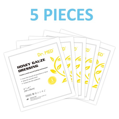 Dr. Med Manuka Honey Gauze Dressing 4" x 4", (5 PCS/Box) Honey Medical Bandage Wound Care Patch for Minor Abrasions, Cuts, Lacerations, Scald and Burns for Wound Healing, Chemical and Drug Free