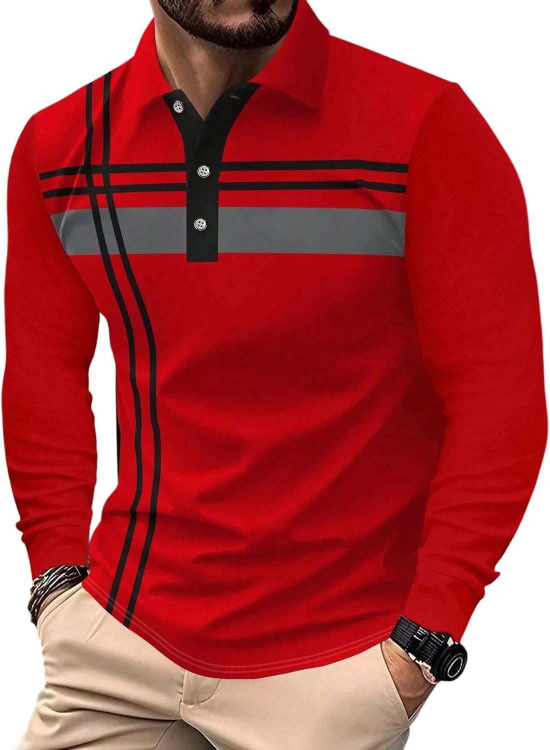 Skiennix Men's Long Sleeve Polo Shirt - Stylish Solid & Striped Designs for Casual Daily Wear