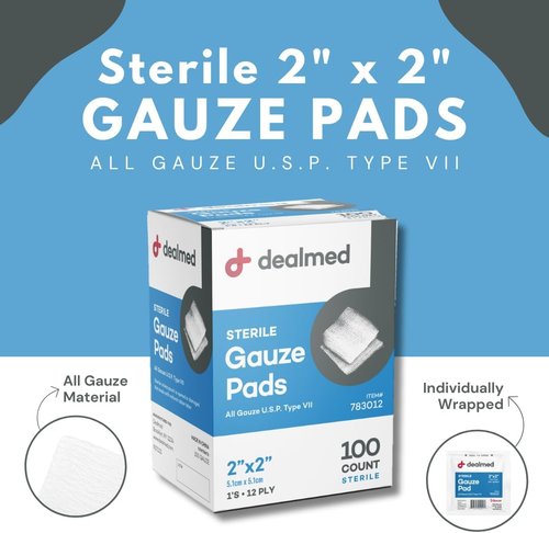 Dealmed 2’’ x 2’’ Sterile Gauze Pads (100 Count) Disposable and Individually Wrapped Medical Gauze Pads, Wound Care Product for First Aid Kit and Medical Facilities (Pack of 1)
