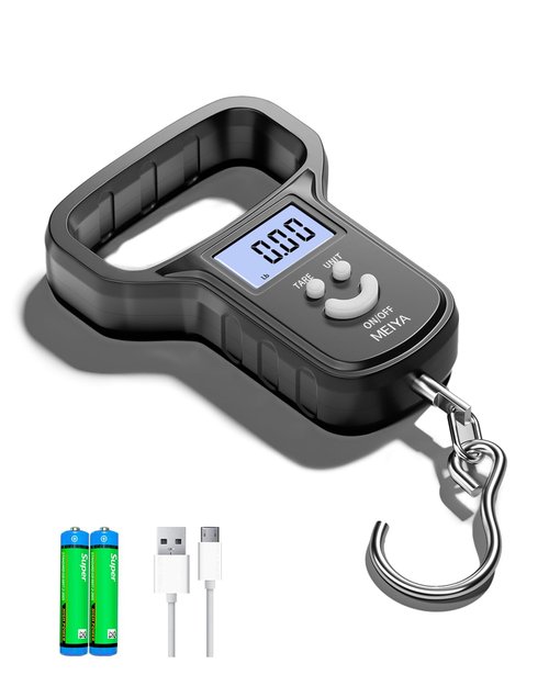 MEIYA Fishing Scale - Dual Power Rechargeable with Backlit LCD Display | Extra Wide Handle, Black