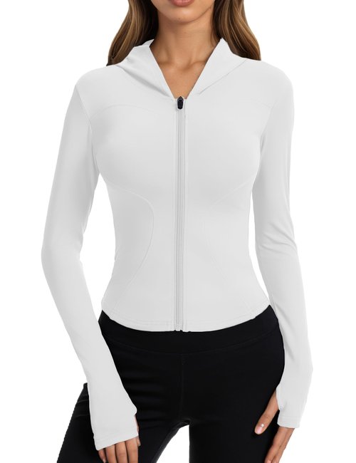Beftwo Athletic Jacket Women with Hood Bbl Workout Full Zip-Up Yoga Gym Running Crop Jackets Sport Track Long-Sleeve Tops with Thumb Holes