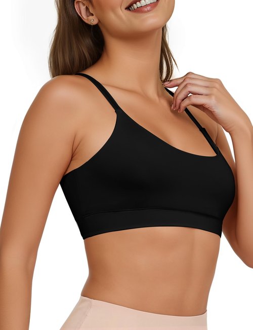 Buauty U Neck Sports Bra for Women, Adjustable Thin Straps Padded Push up Women's Sport Bras, Light Support Bra, Low Impact Spaghetti Strap Sport Racerback Bras Black S