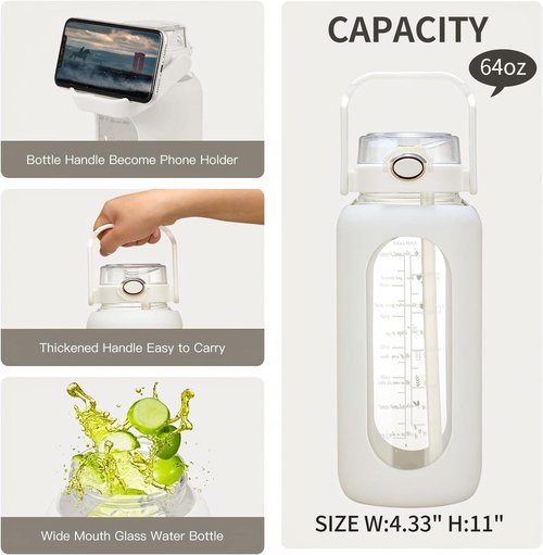 Chunmo 64oz Glass Water Bottle - Motivational Time Marker & Silicone Sleeve | Perfect for Gym Workouts