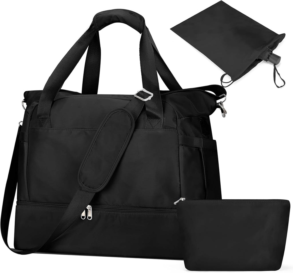 Travel Duffel Bag with Toiletry Kit for Women, Personal Item Carry on Bag with Shoe Compartment, Gym Bags with Wet Pocket, Large Weekender Overnight Bags for Travel Weekend Hospital, Black