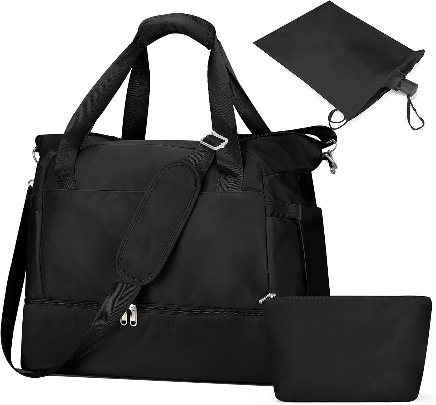 Travel Duffel Bag with Toiletry Kit for Women, Personal Item Carry on Bag with Shoe Compartment, Gym Bags with Wet Pocket, Large Weekender Overnight Bags for Travel Weekend Hospital, Black