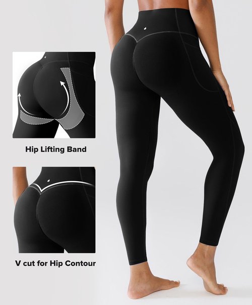 BRXL Butt Lifting Workout Leggings for Women Tummy Control Pockets 7/8 Length 25" No Front Seam High Waist Gym Black