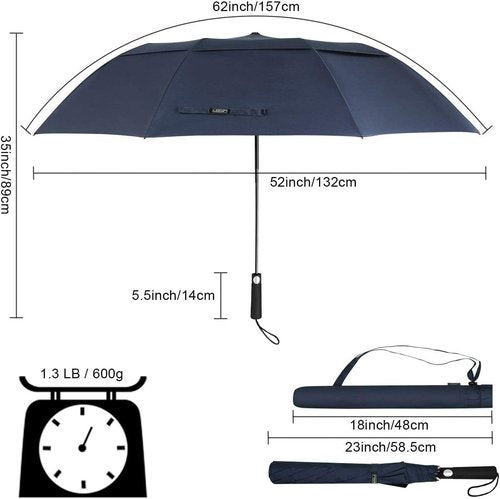 G4Free 62-Inch Portable Golf Umbrella - Large Windproof & Waterproof Double Canopy | Dark Blue