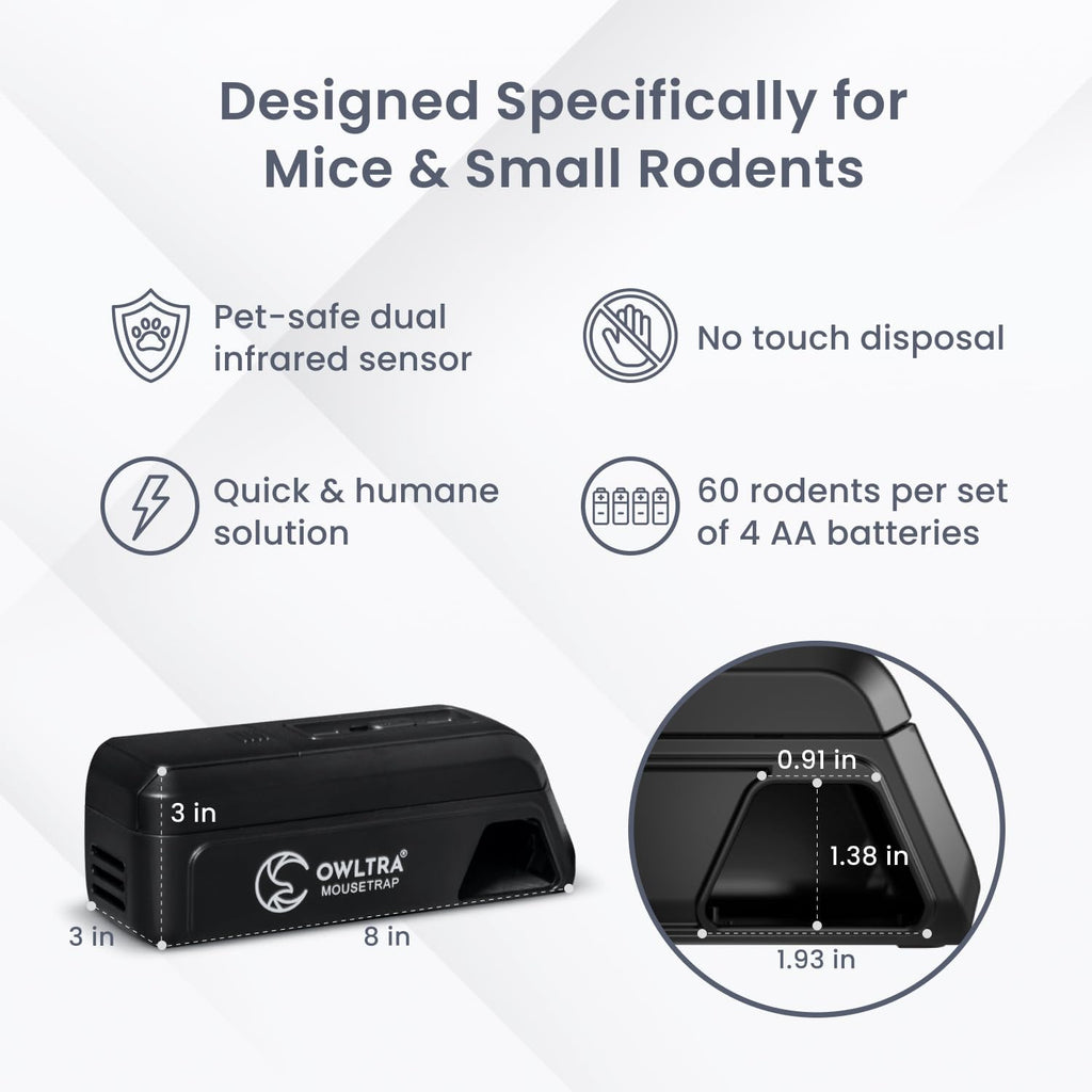 OWLTRA Indoor Electric Mouse Trap - Instant Rodent Zapper with Pet-Safe Trigger | Compact Black Design