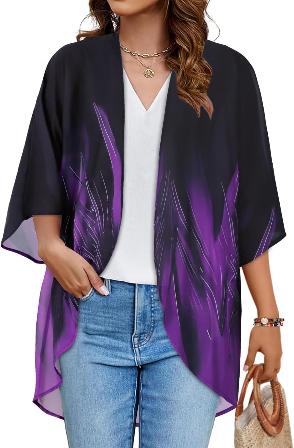 Skiennix Women's Floral Print Kimono Cardigan - Stylish Puff Sleeve Cover-Up in Casual Design