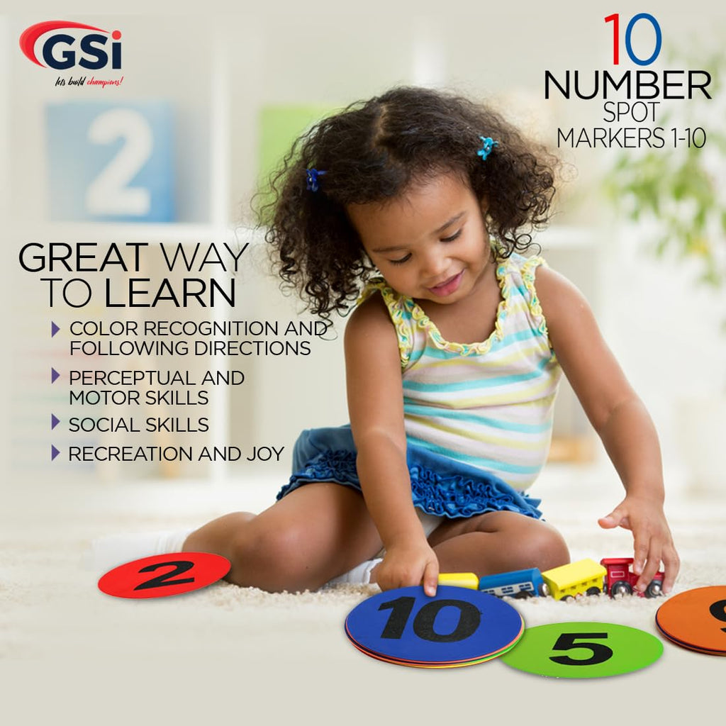 GSi 8" Numbered Poly Spot Markers (1-10), Anti-Skid, Durable, Non-Toxic Floor Dots for Math, Classroom & PE. Bright, Washable Sitting Spots for Preschool & Training (Pack of 10).