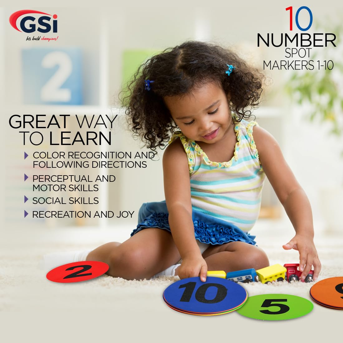 GSi 8" Numbered Poly Spot Markers (1-10), Anti-Skid, Durable, Non-Toxic Floor Dots for Math, Classroom & PE. Bright, Washable Sitting Spots for Preschool & Training (Pack of 10).