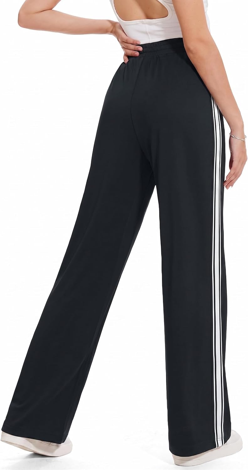 BISUAL Wide Leg Track Pants for Women - High Waisted Cotton Stretch Sweatpants in Baggy Style