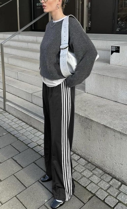 KMBANGI Women Striped Track Pants Elastic Waist Straight Leg Sweatpants Joggers Wide Leg Side Stripes Pants with Pockets(Casual Black,S)