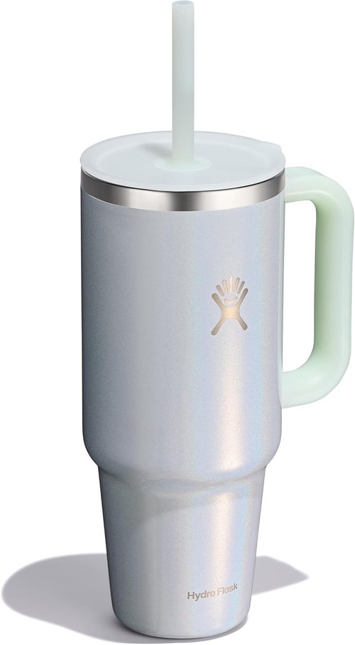 Hydro Flask Travel Tumbler - Insulated Stainless Steel with Handle & Straw | 40 Oz Glimmer Blue