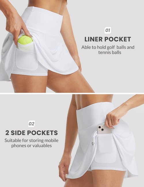 baleaf 14" Tennis Skirt for Women Golf Skorts with Shorts Pockets High Waisted Athletic Workout Running Skirts White S