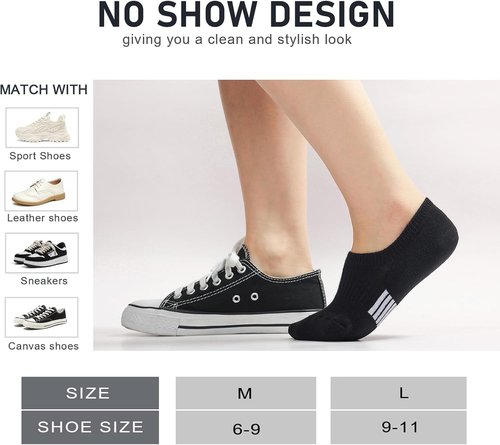 FAYBOX No Show Socks - Women's Cushioned Low Cut Invisible Footies | 6 Pairs for Running & Gym