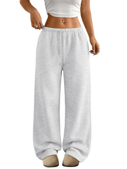 Trendy Queen Womens Wide Leg Sweatpants Baggy Drawstring Low Rise Lounge Pants 2026 Fall Joggers with Pockets Grey M