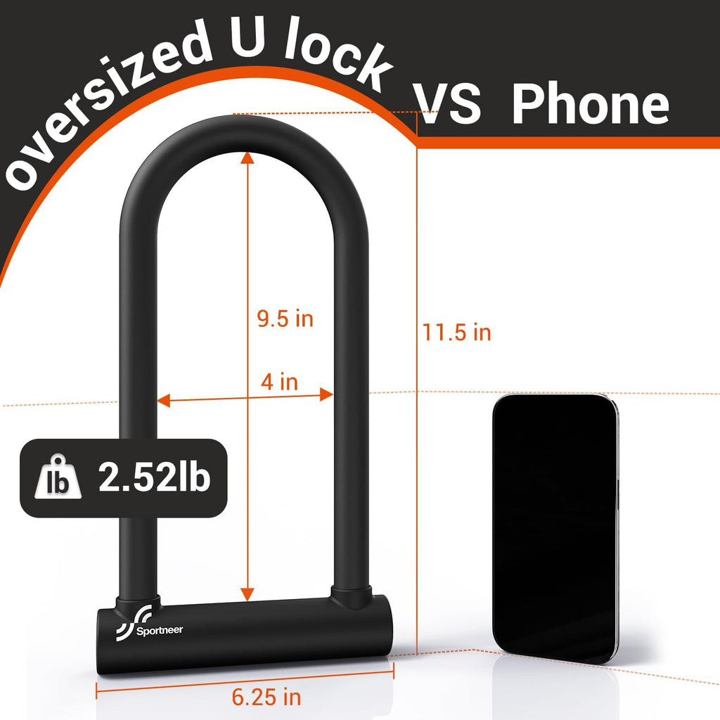 Sportneer Heavy Duty Bike U Lock - 18mm Shackle with 6ft Security Cable & Mounting Bracket | 11.5''x6.25''
