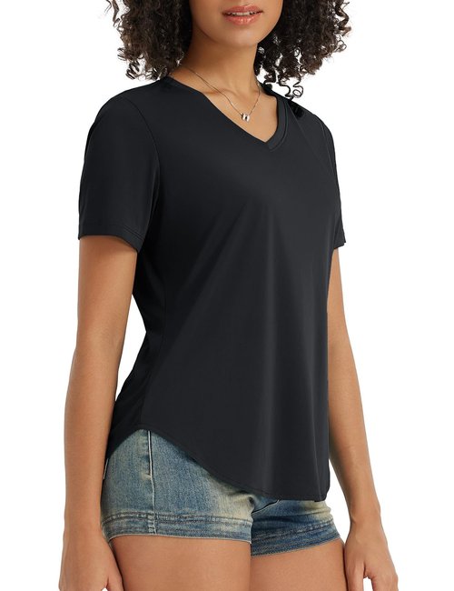 baleaf Women's Sun Shirts UPF 50+ Short Sleeve UV Protection V Neck Tops Moisture Wicking Quick Dry for Hiking Workout Running Black M
