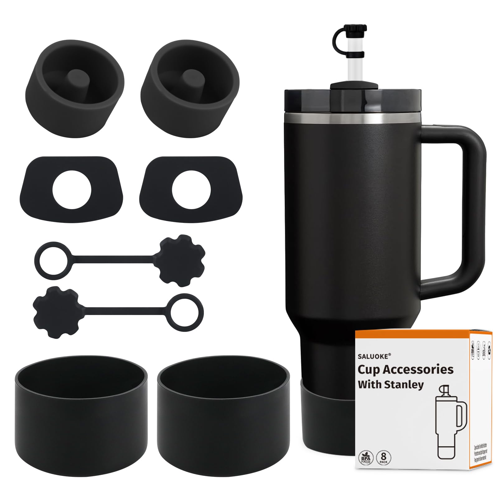 SALUOKE Stanley Cup Accessories 8 Pcs, Including 2 Straw Cover Cap, 2 Square Spill Stopper, 2 Round Leak Stopper, 2 Pcs Silicone Boot for Stanley Cup 2.0 40/30oz/Tumbler (Transparent Blue)