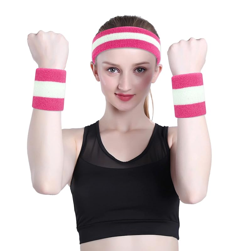 ONUPGO Sweatbands Set – Neon Headband & Wristbands for Men Women, 3-Piece Pink/White/Pink