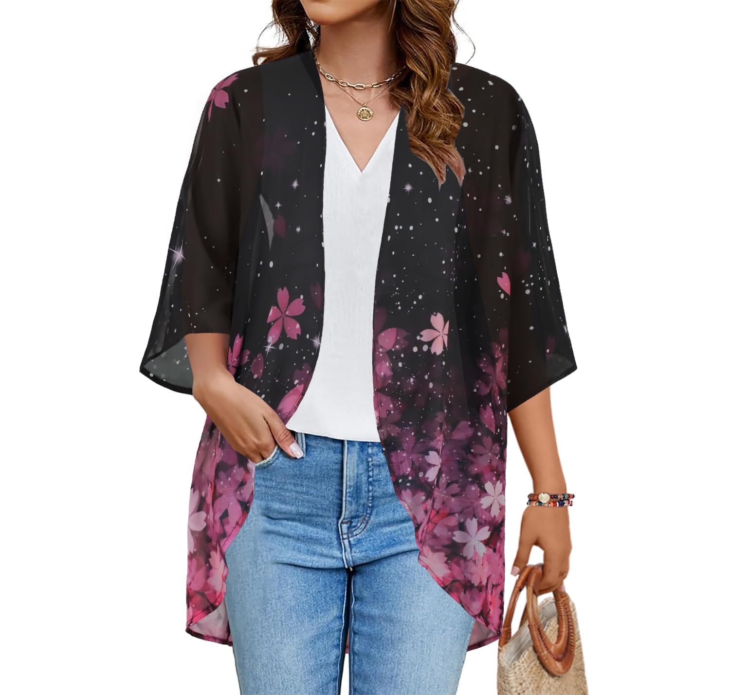 Women's Floral Print Puff Sleeve Kimono Cardigan Loose Cover Up Casual Blouse Tops(Black Pink Purple Floral,L)