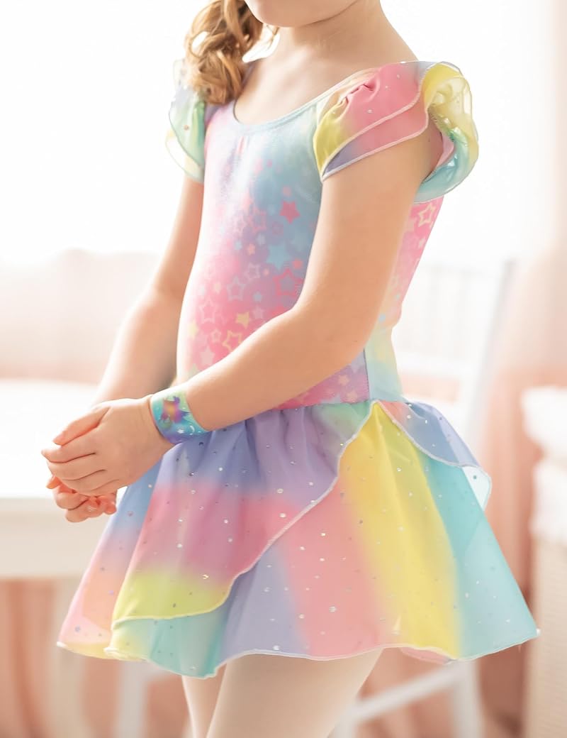 Rainbow Star Variation: Arshiner Girls Ruffle Sleeve Ballet Leotard Dress Tutu Skirt