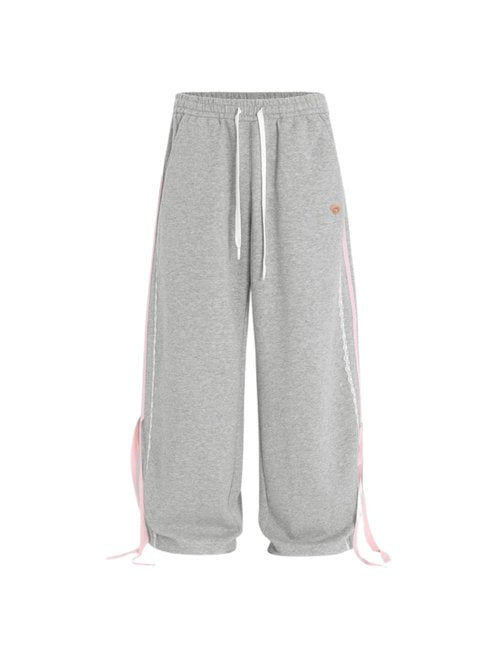 Aelfric Eden Lace Stripe Patchwork Sweatpants Casual Baggy Pant for Women Wide Leg Elastic Drawstring Trousers Grey X-Small
