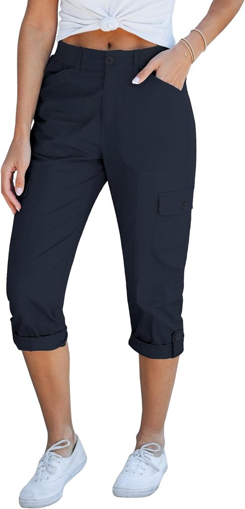 GRAPENT Cargo Capri Pants - High Waisted Relaxed Fit Casual Cropped Trousers for Women