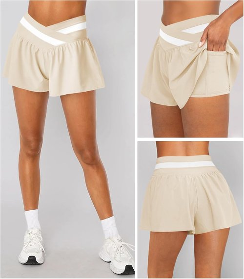 Hragc Women's High-Waisted 2-in-1 Athletic Workout Shorts - Flowy Butterfly Design with Pockets