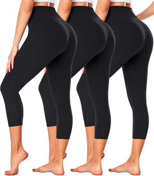FULLSOFT Capri Leggings for Women - High Waisted Tummy Control | 3 Pack Black Yoga Pants