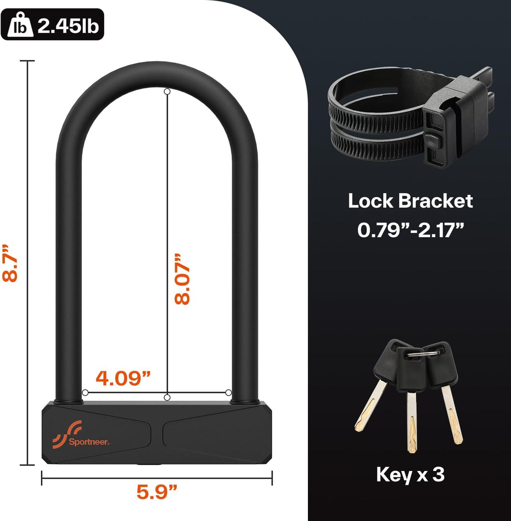 Sportneer Bike Lock - Heavy Duty 16mm Anti-Theft U Lock with 3 Keys & Sturdy Mounting Bracket | 8.7''x5.9''
