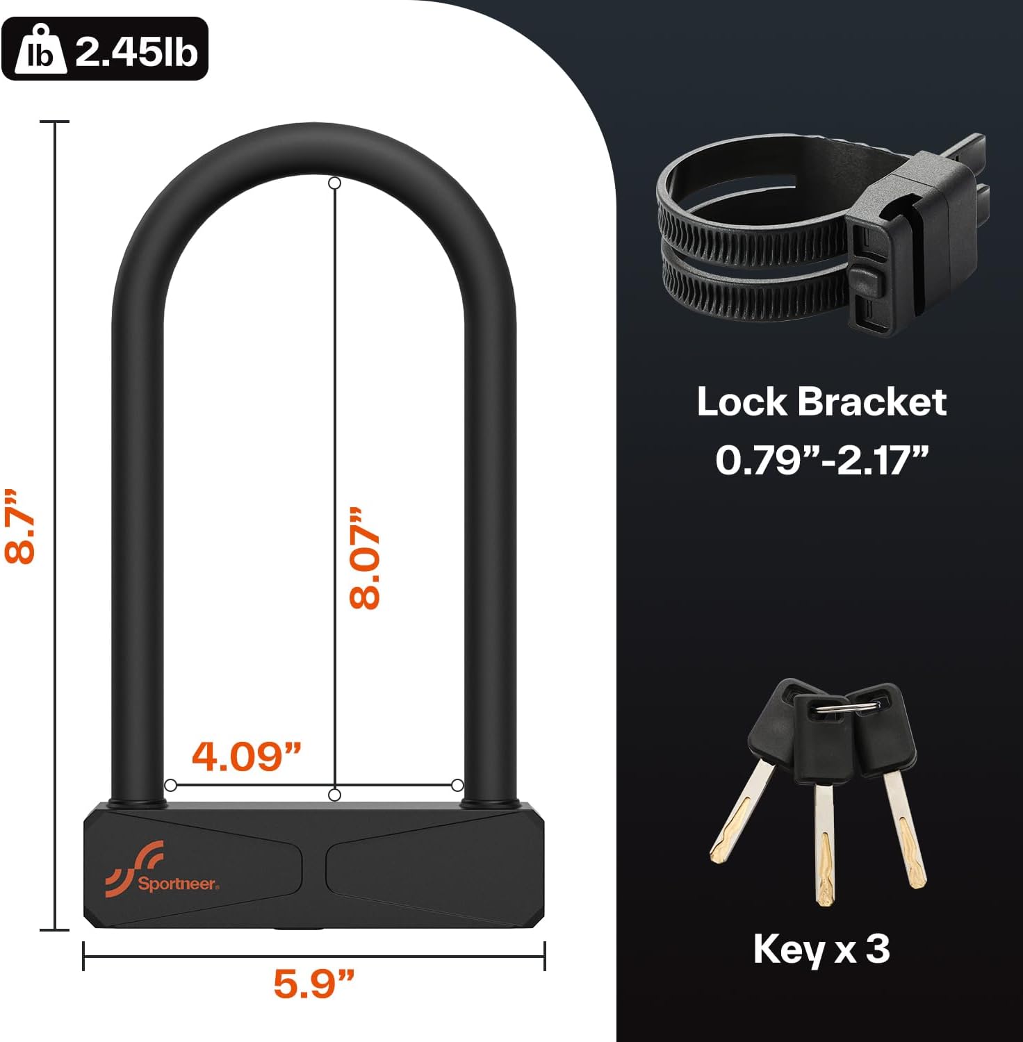 Sportneer Bike Lock - Heavy Duty 16mm Anti-Theft U Lock with 3 Keys & Sturdy Mounting Bracket | 8.7''x5.9''