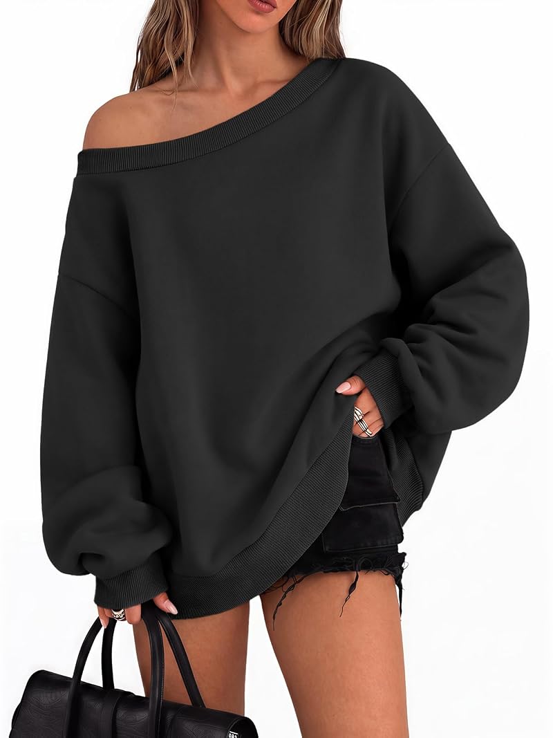 Off Shoulder Oversized Sweatshirt - Trendy Queen Black, Medium