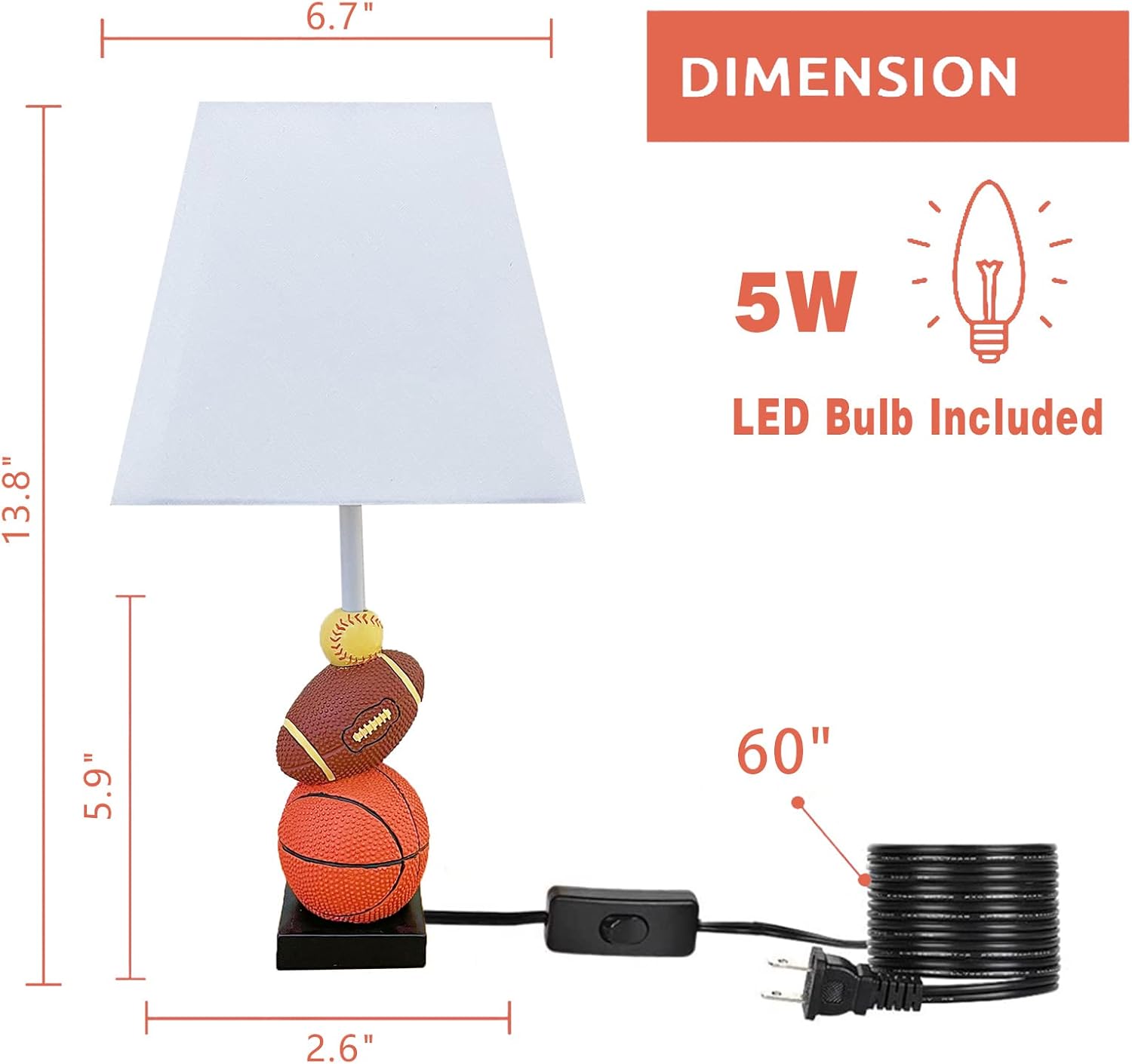 Skiennix Kids Table Lamp - 14 Inch Sports-Themed Design with LED Bulb | Ideal for Children's Bedroom Decor