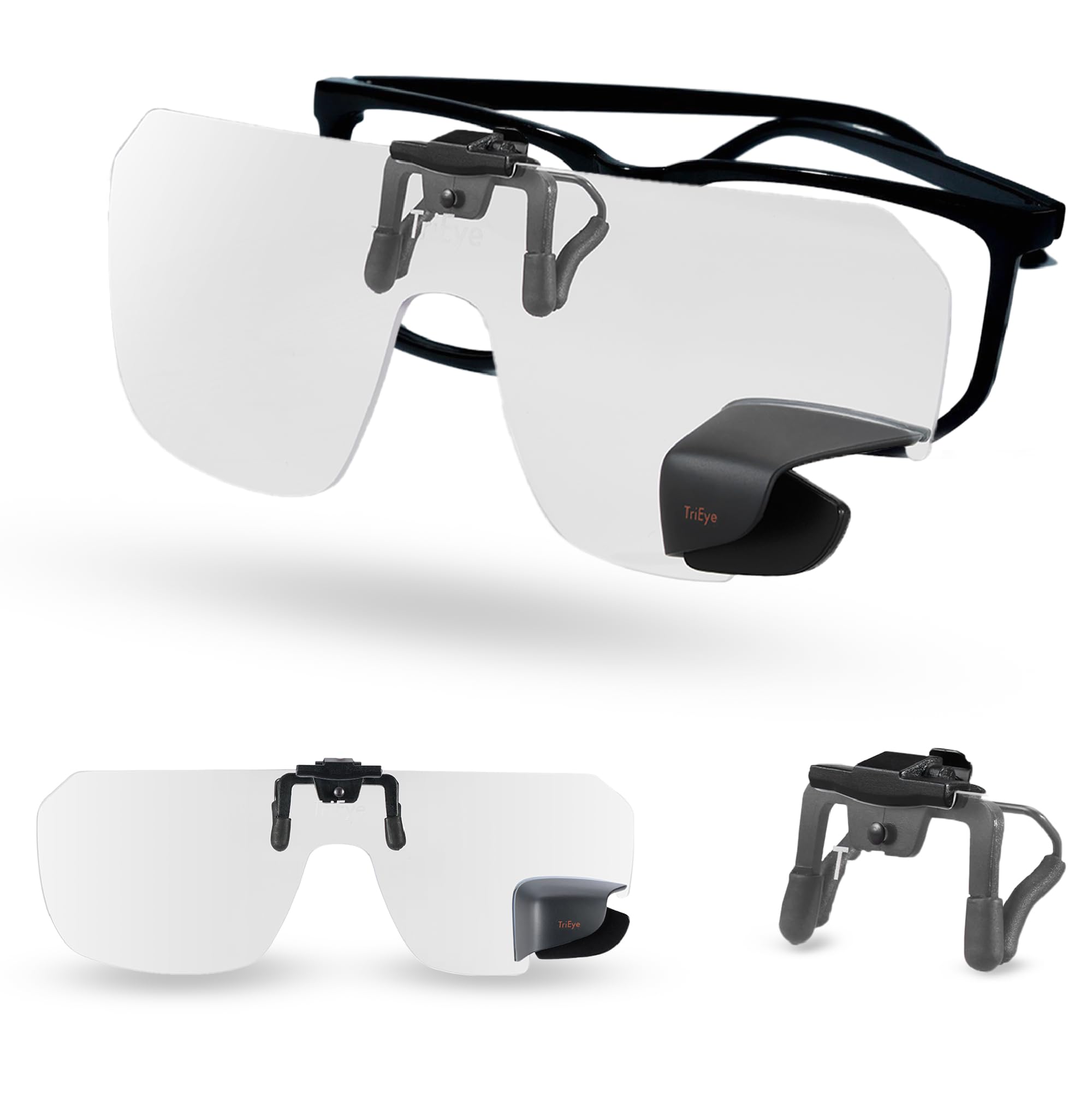 TriEye View Clip On Sunglasses with Rear View Mirror – Clip On Sunglasses Over Prescription Glasses, Flip Up Cycling Eyewear for Men & Women – Clear Lens, 145mm Fit