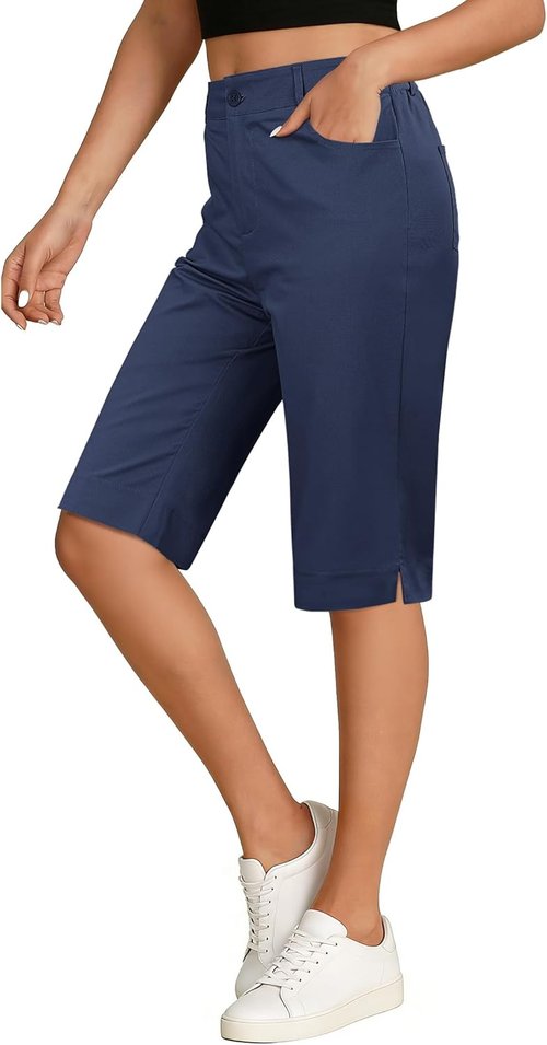 Luvamia Bermuda Shorts for Women - Knee Length High Waisted with Side Split | Summer Casual Chino Shorts