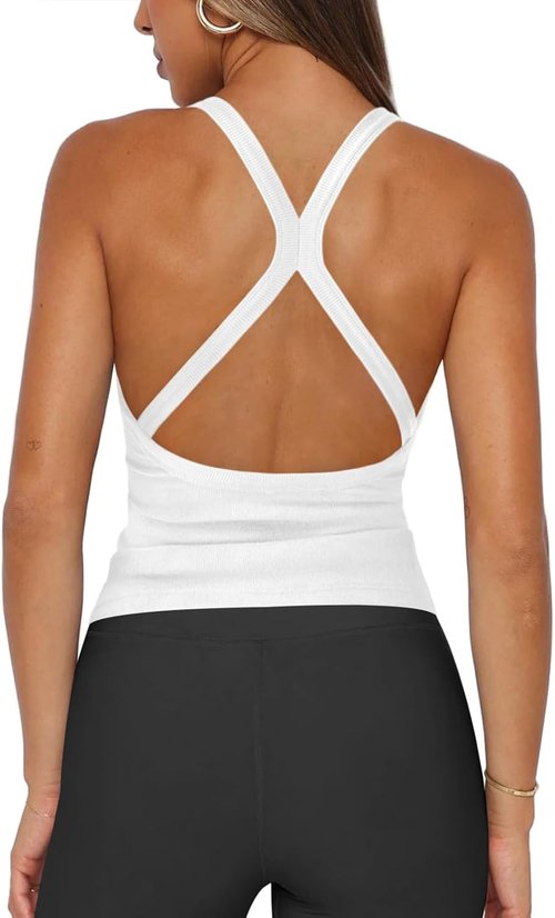 Hragc Women's Halter Top - Racerback Workout Tank with Plunge V-Neck & Split-Back Design | Fitted Ribbed Shirt