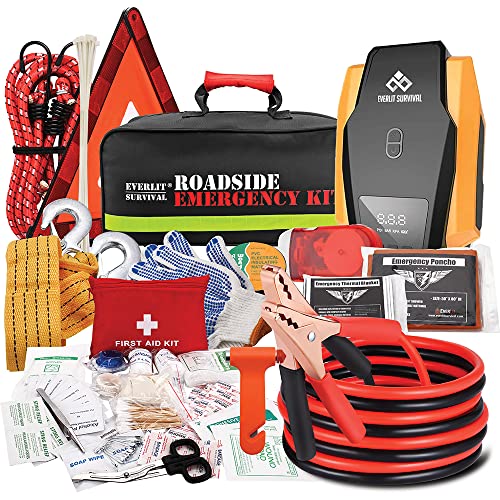 Everlit Emergency Car Kit with Tire Inflator, Jumper Cables & First Aid