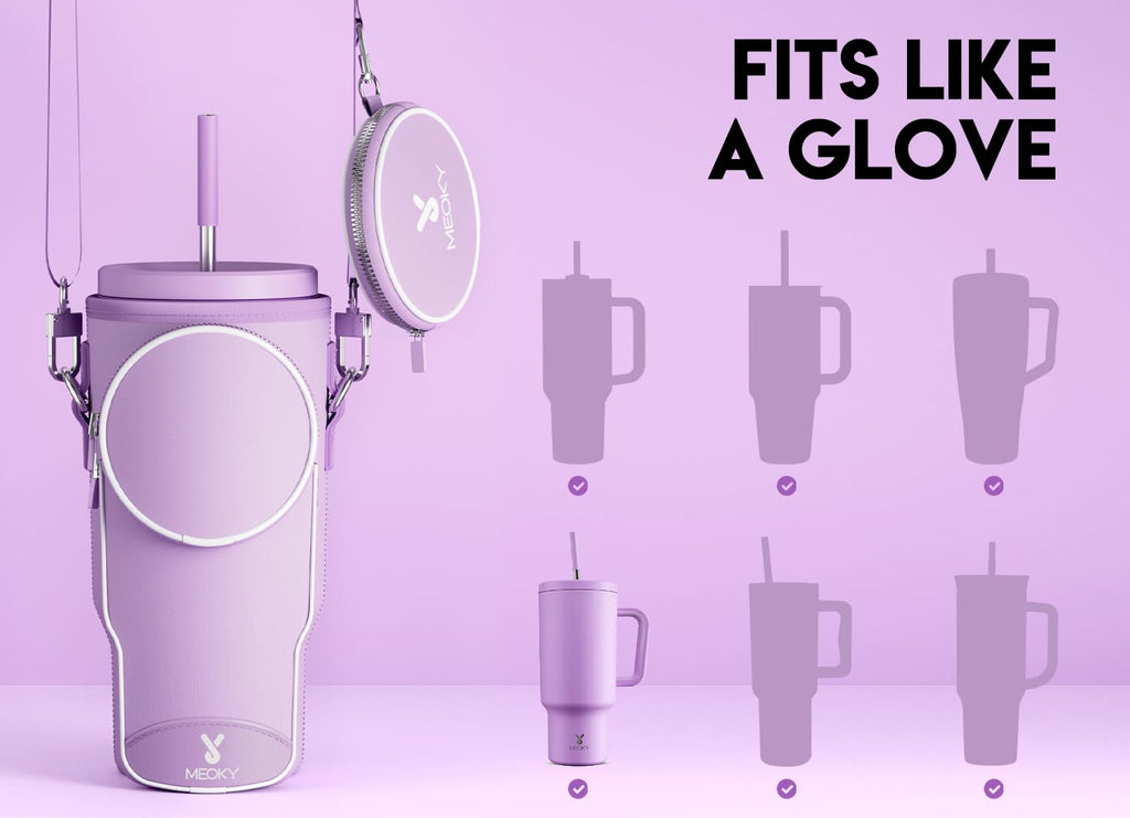 Meoky Water Bottle Carrier Bag with Phone Pocket for 40 oz Tumbler with Handle, Neoprene Water Bottle Holder Pouch with Adjustable Strap, 2 Carabiner Clips (Lilac)