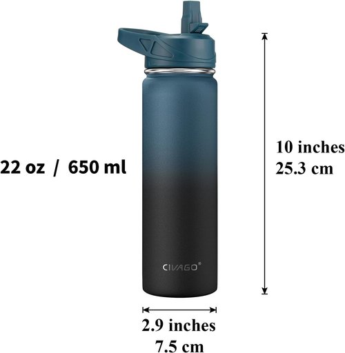 CIVAGO Insulated Water Bottle - 22 oz Stainless Steel Flask with Straw & 3 Lids | Navy Blue