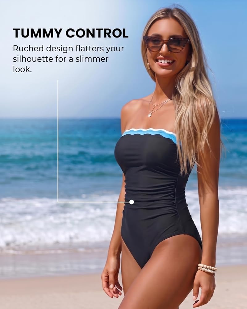 Women’s Strapless One-Piece Swimsuit with Tummy Control - Bandeau, Detachable Straps, Black/Blue/White (Large)