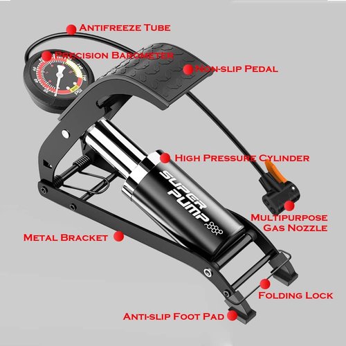 Mercury Portable Bike Floor Pump - Accurate Pressure Gauge & Smart Valves for Bicycles, Cars, & More