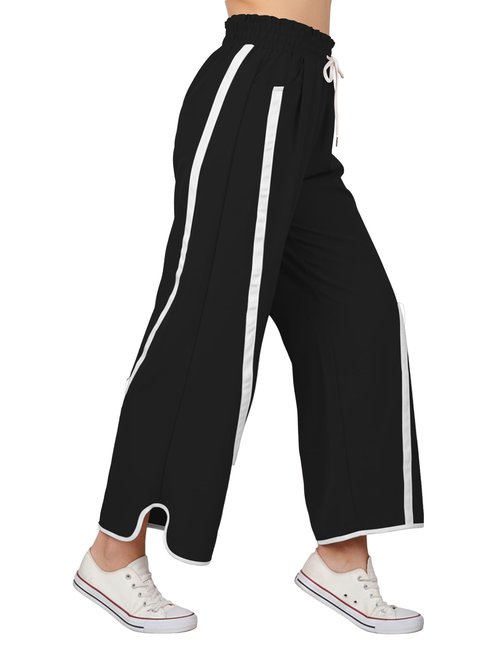 Enaisyl Women's High Waist Wide Leg Pants Striped Elastic Waist Track Pants Y2K Lightweight Baggy Streetwear with Pockets Black