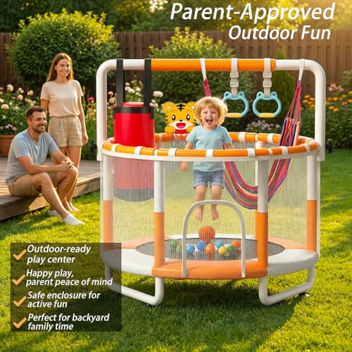 55-Inch Kids Mini Trampoline with Net & Adjustable Bar - White, Heavy Duty Steel Indoor Outdoor Play Gym